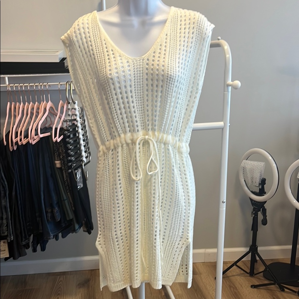 Chic Cream Knit Cover-Up Dress with Drawstring